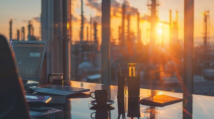 Engineering Industry concept in office with Oil and gas Industry,Refinery at sunset ,Pipelines and petrochemical plant background