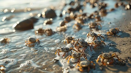 A cluster of tiny crabs congregating near the water's edge on a sprawling beach, foraging for food and navigating the ebb and flow of the tide.