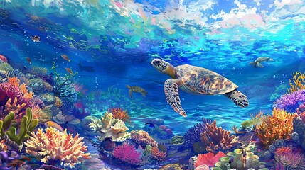 Obraz premium A colorful underwater scene with sea turtles gracefully gliding among vibrant coral reefs just off the coast of a sandy beach.