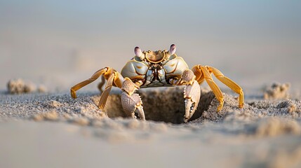 A crab emerging from a hole in the sand on a wide beach, its antennae twitching as it cautiously explores its sandy habitat.