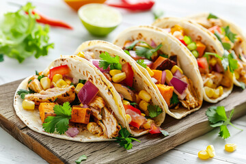 Colorful tacos with chicken, sweet potato and corn on a wooden board - obrazy, fototapety, plakaty
