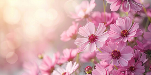 Beautiful pink cosmos flowers with bokeh effect on sunlit background in nature garden