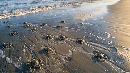 A group of sand crabs scurrying across the expansive shoreline, leaving intricate patterns of tracks in the soft, powdery sand as they move.