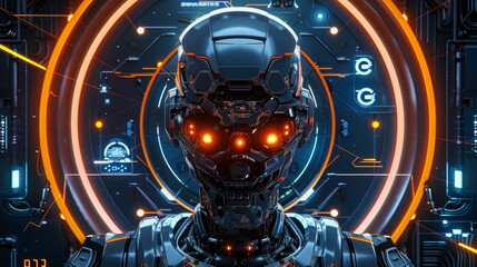 Fototapeta premium A highly detailed and realistic illustration of an AI robot head, with glowing orange lights around its eyes and neck, standing in front of the camera