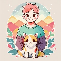 かわいい猫と男の子のイラスト