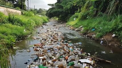 A polluted creek filled with plastic bottles and waste, serving as a stark reminder of the importance of responsible waste disposal practices. - obrazy, fototapety, plakaty