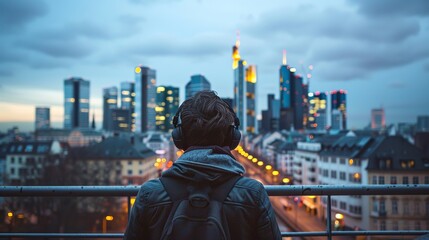 Man wearing headphones while standing in front of the Frankfurt skyline in Germany.