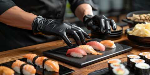 The hands of a sushi chef in latex gloves while preparing sushi. A row of different types of seafood on black stone trays. - Powered by Adobe