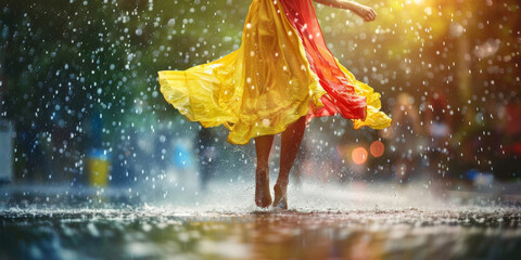 A woman in a bright yellow and red dress runs in the rain on the street.