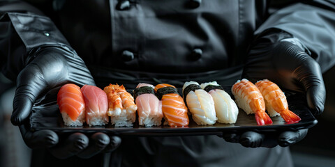 Sushi set on a black square plate. A sushi man in a suit and gloves holds a tray with different types of seafood. - Powered by Adobe
