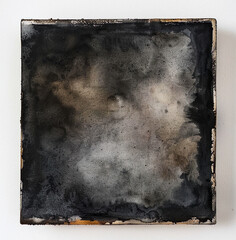 a small square painting of an abstract cloud in black and gray tones on white background, the edge is painted with thick paint, the edges have worn off by time