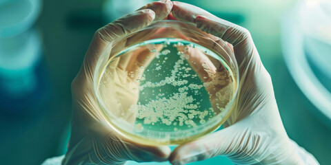 The hands of a laboratory worker in latex gloves hold a petri dish with bacteria or fungus.