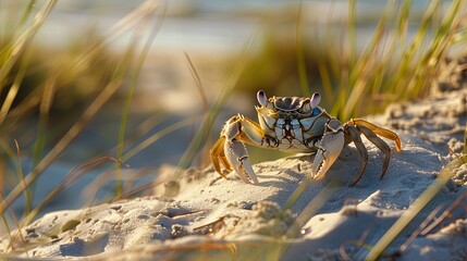 A solitary crab perched on a sandy dune overlooking the vastness of the beach, its claws raised in a defensive posture as it surveys its surroundings. - obrazy, fototapety, plakaty