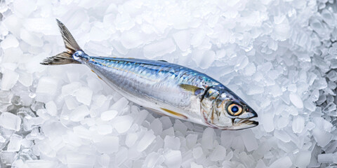 Top view of mackerel fish lying on crushed ice.