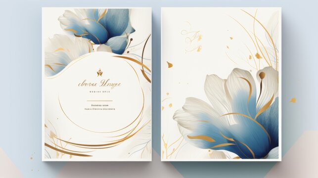Stylish invitation with exquisite blue flowers and golden elements against a clean backdrop, suitable for events and announcements