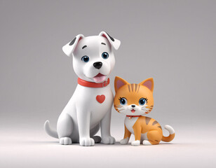 Naklejka premium Drawn kitten and puppy hugging. AI generated.