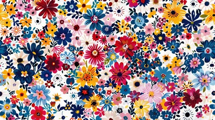 Multicolored floral pattern with small and large flowers in various colors on a white background. Perfect for textile printing.
