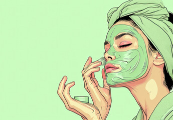 Woman with green face mask and towel on head, enjoying spa treatment and selfcare routine at home