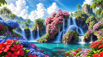 Waterfalls and flowers, beautiful landscape, magical and idyllic background with many flowers in Eden. - 797912800