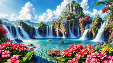 Waterfalls and flowers, beautiful landscape, magical and idyllic background with many flowers in Eden. - 797912828