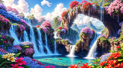 Waterfalls and flowers, beautiful landscape, magical and idyllic background with many flowers in Eden. - 797912840