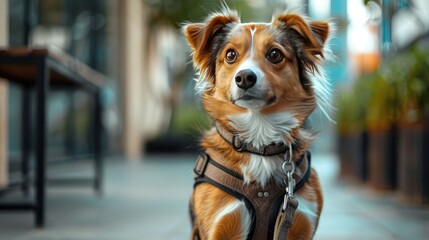 Photo of a cute little red dog ready for a walk, wearing a harness and a collar with a leash - obrazy, fototapety, plakaty