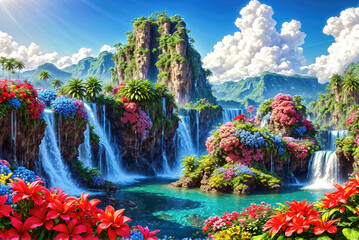Waterfalls and flowers, beautiful landscape, magical and idyllic background with many flowers in Eden. - 797912873