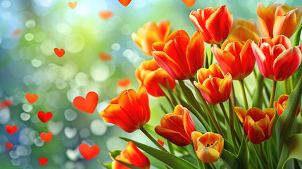 Tulips flowers background with hearts on a blurred background as Valentine's day love background - 797913022