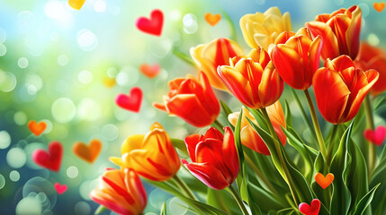 Tulips flowers background with hearts on a blurred background as Valentine's day love background. - 797913029