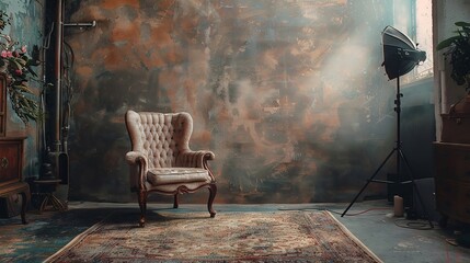 Studio setup with soft lighting and vintage armchair for classic portraits.