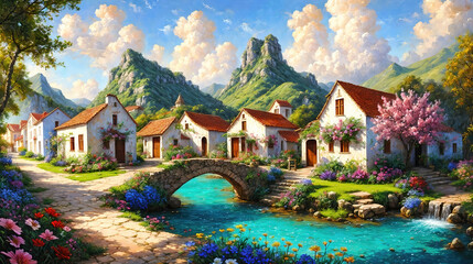 Idyllic countryside summer landscape with wooden old houses, beautiful flowers and trees with the Alp mountains in the background, oil painting on canvas - 797913079