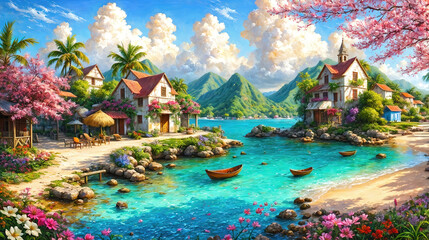 Atmospheric landscape of a small town by the caribbean sea, oil painting illustration - 797913081