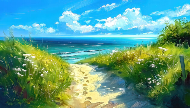 Wild Baltic sea landscape beach, entrance to the beach oil painting.