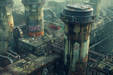 Imagine an overhead depiction of a post-apocalyptic urban setting featuring rebellious graffiti expressions juxtaposed against sleek industrial architecture, portrayed in a hyper-realistic 3D CG fusio
