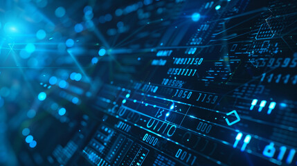 Obraz premium A futuristic digital background with elements of data technology and cyber security, such as holographic interfaces or binary code. 