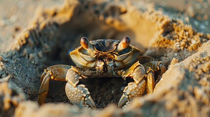 Fototapeta premium Close-up of a sand crab digging a burrow in the soft sand of a wide beach, using its claws to excavate a cozy shelter from the elements.