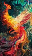 Obraz premium Capture a phoenix rising from vibrant, fiery hues, its feathers shimmering in iridescent tones under a dynamic play of light and shadow Portray a sense of rebirth and resilience through innovative ill