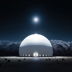 Obraz premium Illustration of a futuristic house, a large house in the shape of a white ball, designed for living high in the mountains. Unusual shape of a residential building. A very unusual background.