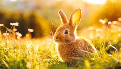 Fototapeta premium Cute bunny on spring grass, sunny bokeh on background. Generative AI.