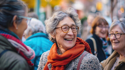 Elderly women laughing and smiling with friends in the city, community living concept, healthy...