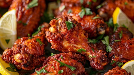 Close-up of crunchy fried chicken wings piled high on a platter, garnished with fresh herbs and lemon wedges for a touch of brightness