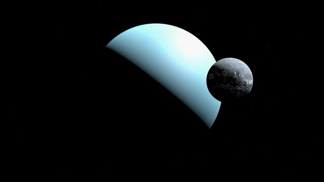 Animation of Miranda and Uranus rotating on their own axes from space