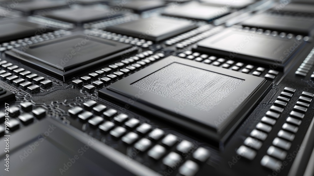 Poster a close up of a computer chip with a focus on the intricate details of the circuitry.