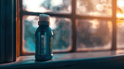 A close up of a blue bottle of cough syrup on a window sill in front of a blurry window in the background - obrazy, fototapety, plakaty