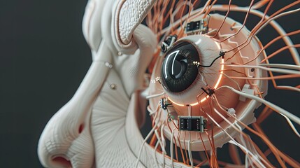A close up of a cybernetic eye with a glowing iris. - obrazy, fototapety, plakaty