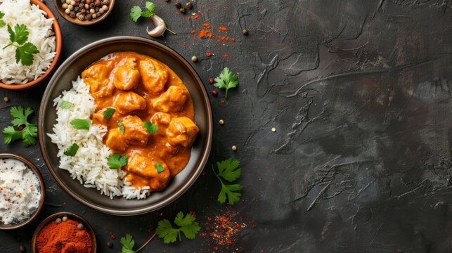 Indian butter chicken curry with basmati rice on dark background. Traditional homemade food concept. copy space