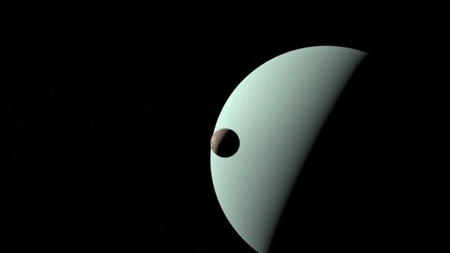 Animation of Miranda and Uranus rotating on their own axes from space