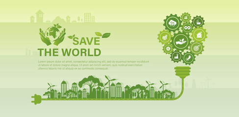 The concept of saving the world in a sustainable and environmentally friendly way. Green energy vector illustration and Green icon on green background.