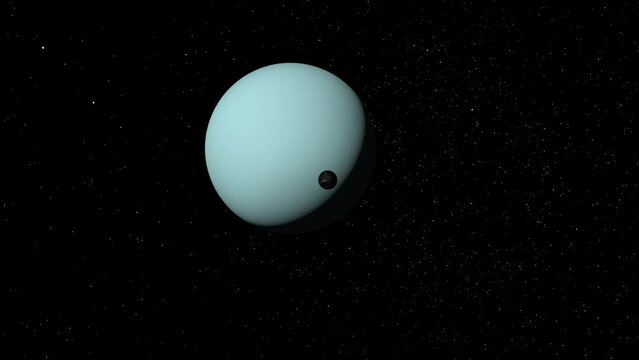 Animation of Miranda and Uranus rotating on their own axes from space