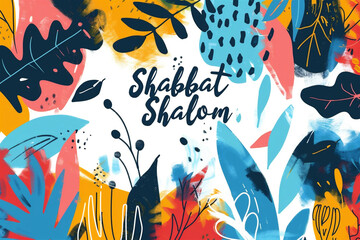 Shabbat Shalom or Shabbat of peace in Hebrew. Hand written text on colorful background with a lot of leaves and flowers. Hand lettering typography for greeting card, banner, decoration, poster.